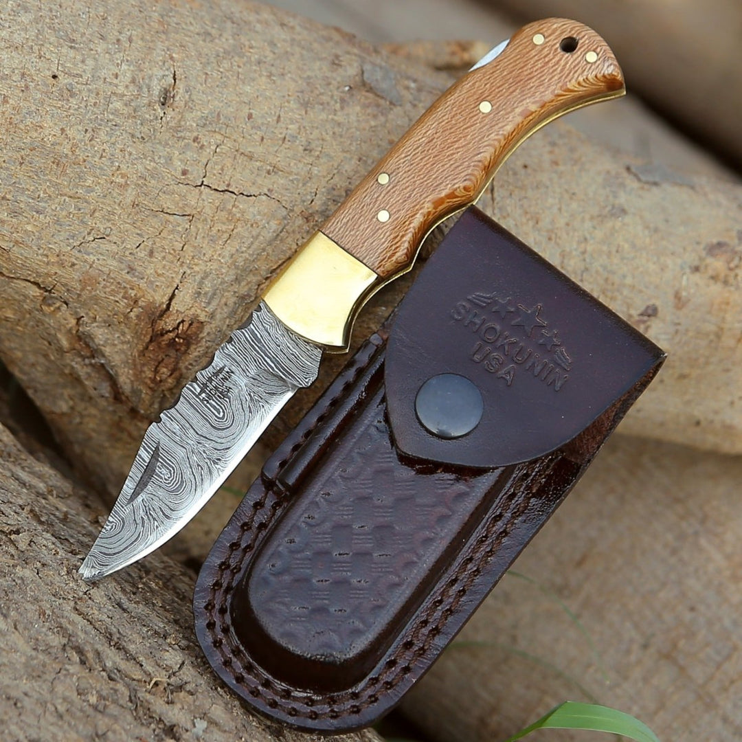 Kepler Damascus Handle - Kepler Damascus Pocket Knife with Exotic Leopard Wood Handle - Shokunin USA