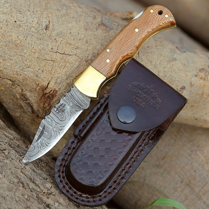 Kepler Damascus Handle - Kepler Damascus Pocket Knife with Exotic Leopard Wood Handle - Shokunin USA