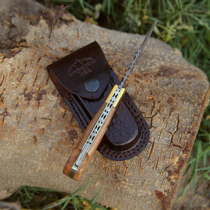 Kepler Pocket knives - Kepler Damascus Pocket Knife with Exotic Leopard Wood Handle - Shokunin USA
