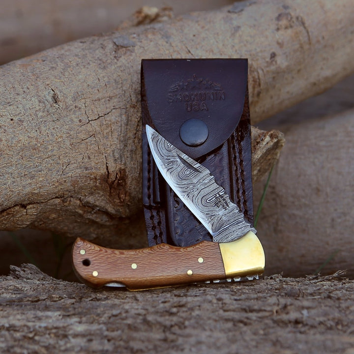 Kepler Pocket Handle - Kepler Damascus Pocket Knife with Exotic Leopard Wood Handle - Shokunin USA