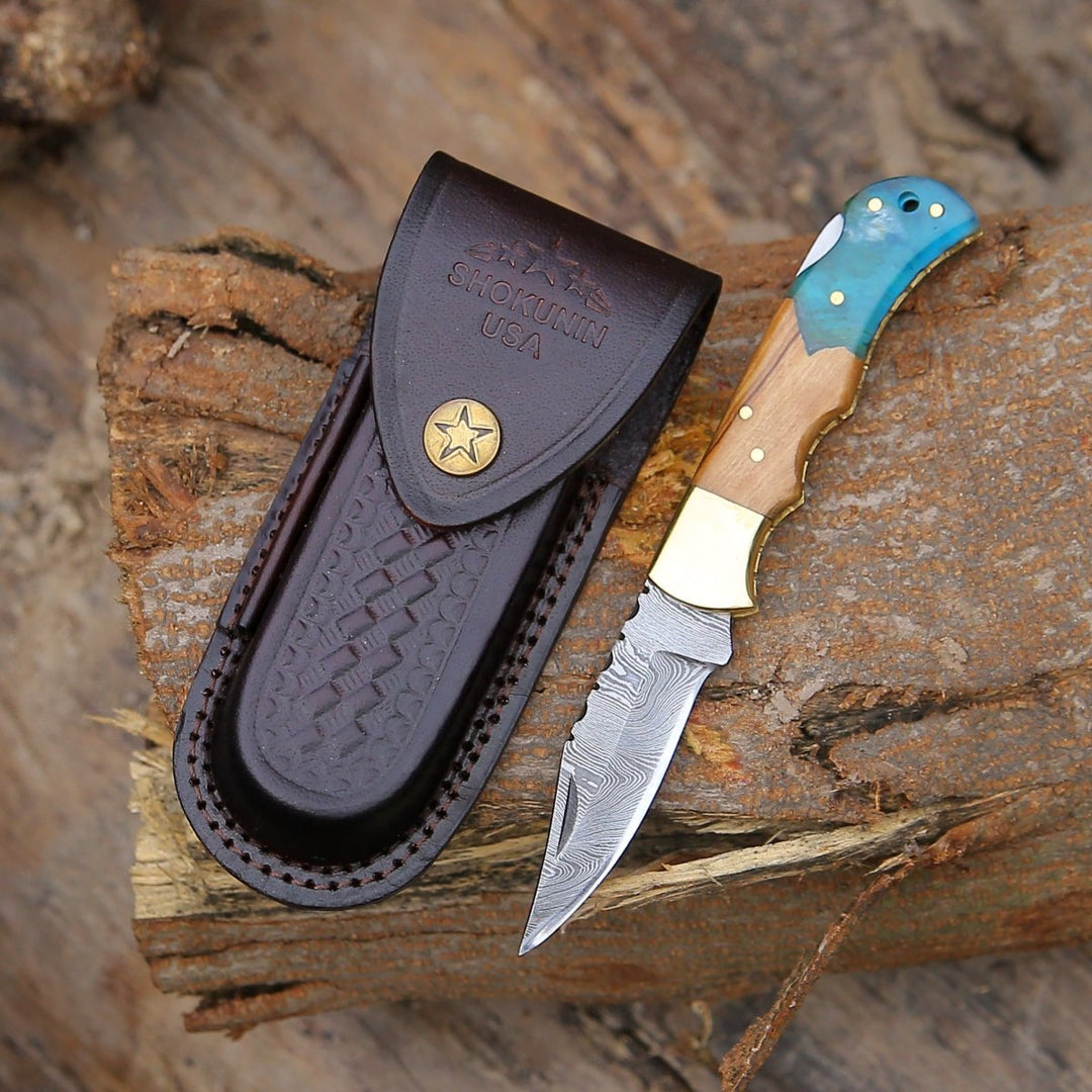 Knight Knife knives - Knight Pocket Knife with Olive Wood &amp; Resin Handle - Shokunin USA
