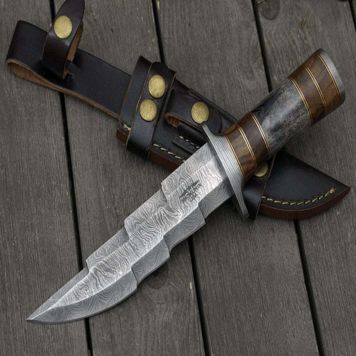 Kris Damascus Bowie - Kris Damascus Hunting Bowie Knife with Exotic Rose wood &amp; Bone handle - Shokunin USA