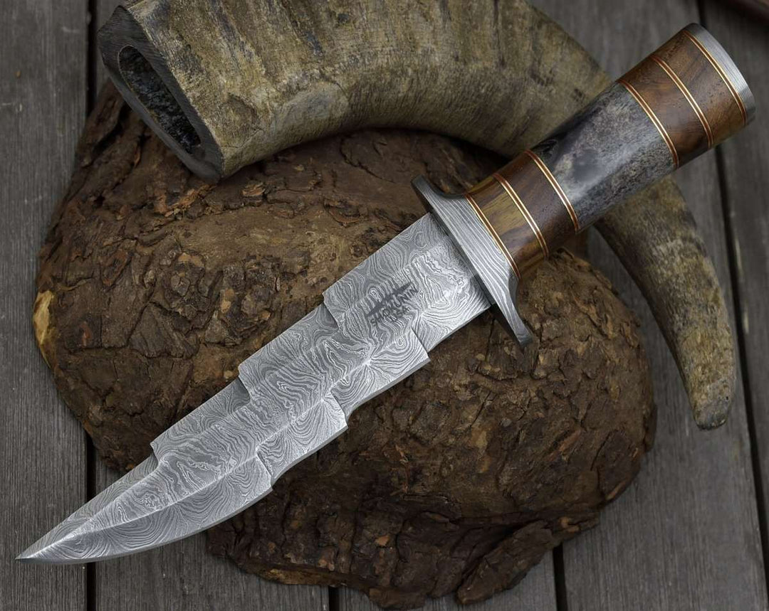 Kris Damascus knives - Kris Damascus Hunting Bowie Knife with Exotic Rose wood &amp; Bone handle - Shokunin USA