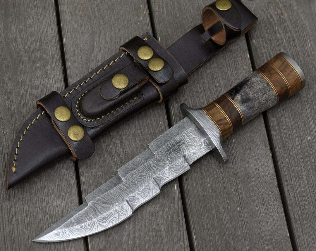 Kris Hunting Bowie - Kris Damascus Hunting Bowie Knife with Exotic Rose wood &amp; Bone handle - Shokunin USA