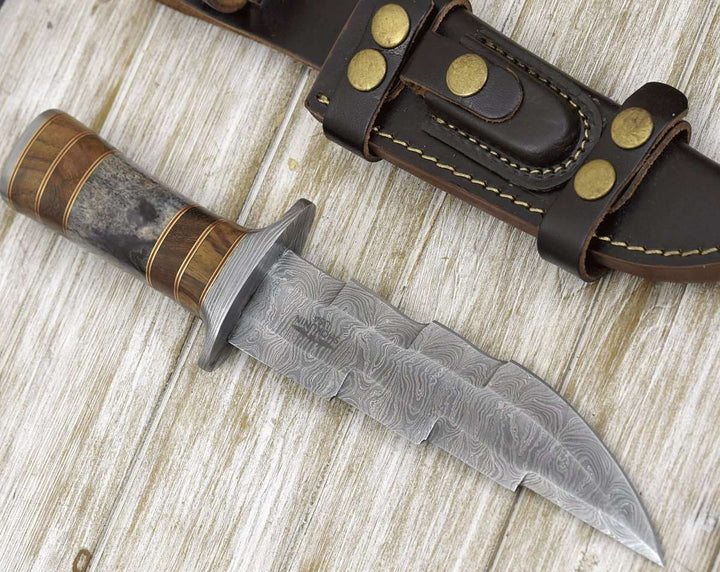 Kris Hunting Knife - Kris Damascus Hunting Bowie Knife with Exotic Rose wood &amp; Bone handle - Shokunin USA