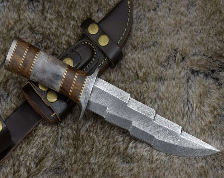 Kris Damascus handle - Kris Damascus Hunting Bowie Knife with Exotic Rose wood &amp; Bone handle - Shokunin USA