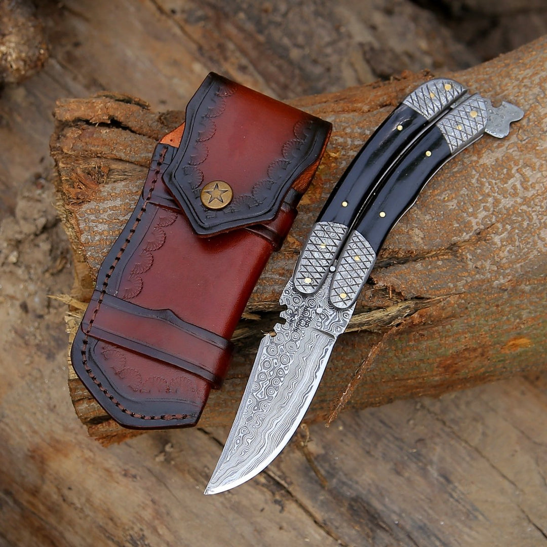 Lunar Damascus Butterfly Knife with Bull Horn Handle - Shokunin USA
