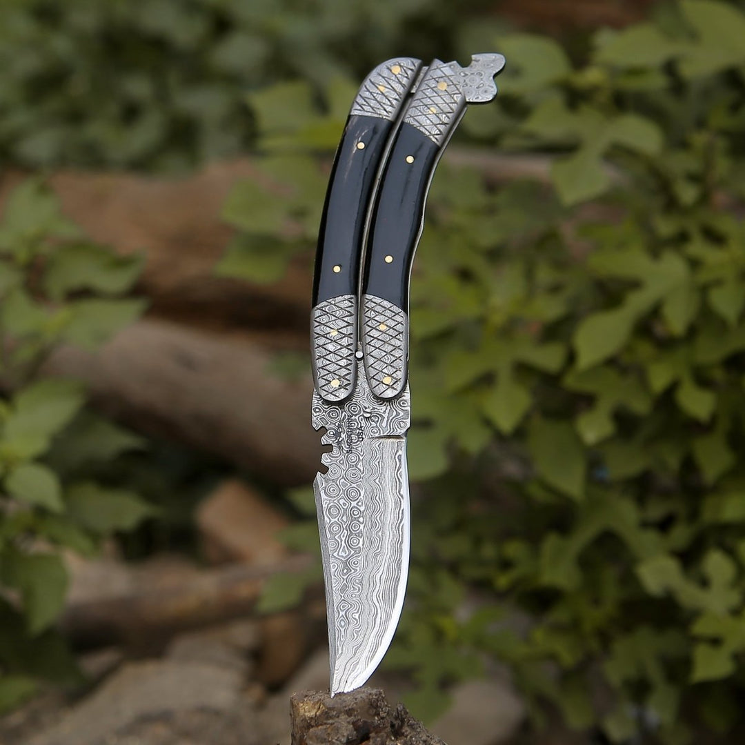 Lunar Butterfly Handle - Lunar Damascus Butterfly Knife with Bull Horn Handle - Shokunin USA