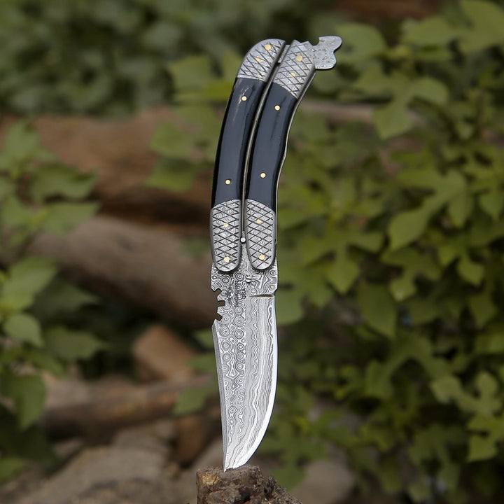 Lunar Butterfly Handle - Lunar Damascus Butterfly Knife with Bull Horn Handle - Shokunin USA
