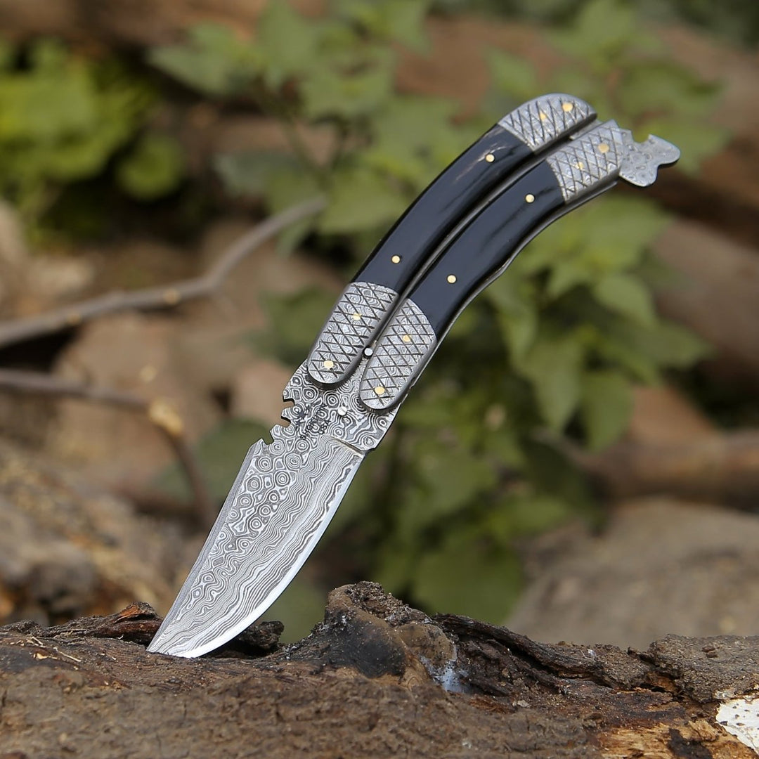 Lunar Butterfly Knife - Lunar Damascus Butterfly Knife with Bull Horn Handle - Shokunin USA