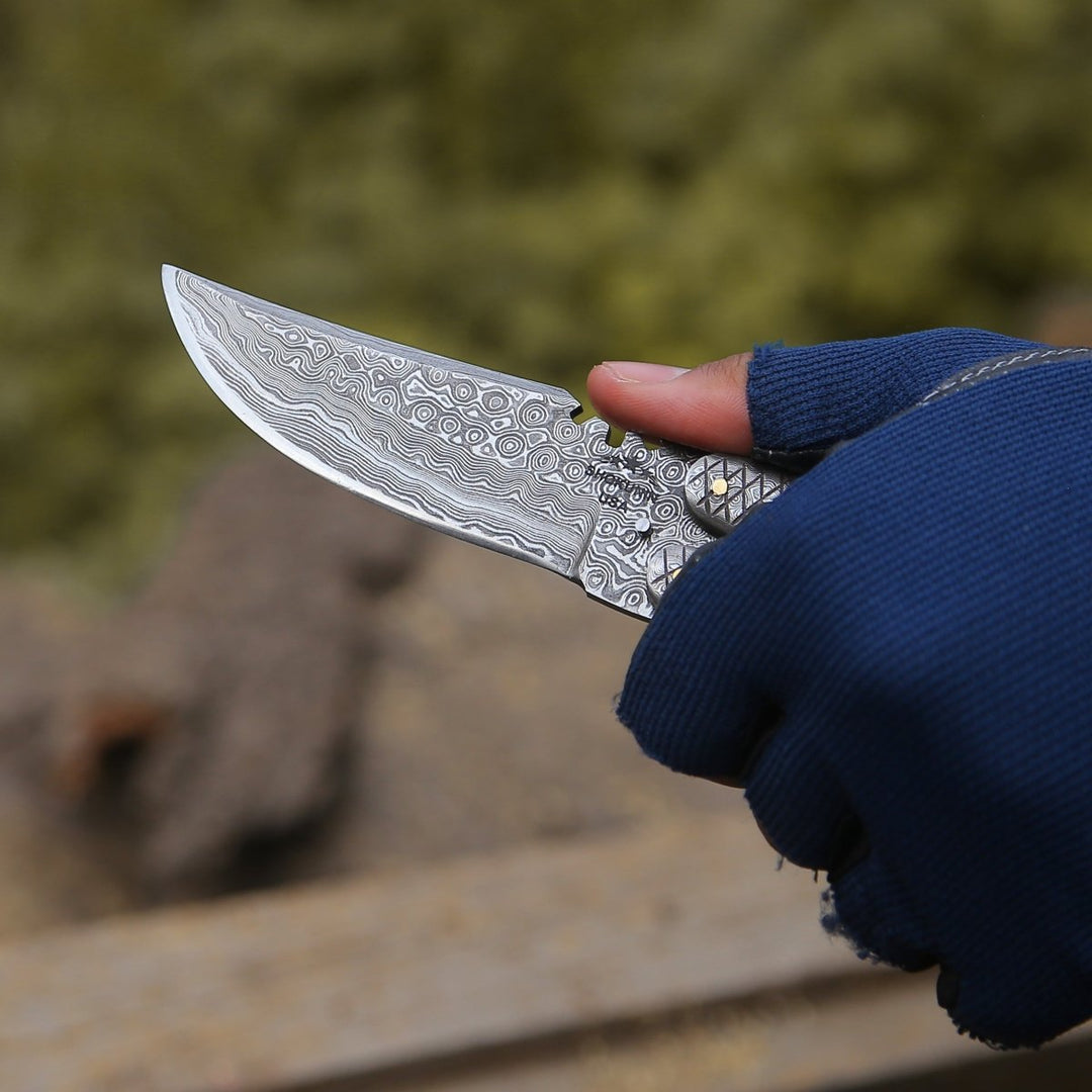 Lunar Damascus Handle - Lunar Damascus Butterfly Knife with Bull Horn Handle - Shokunin USA
