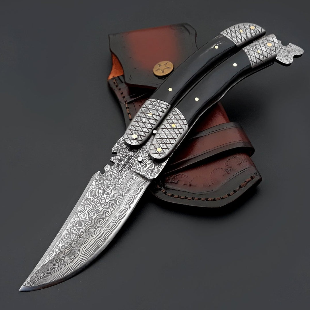 Lunar Damascus knives - Lunar Damascus Butterfly Knife with Bull Horn Handle - Shokunin USA