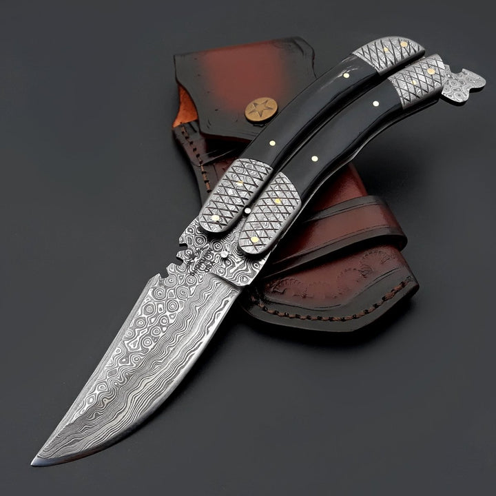 Lunar Damascus knives - Lunar Damascus Butterfly Knife with Bull Horn Handle - Shokunin USA
