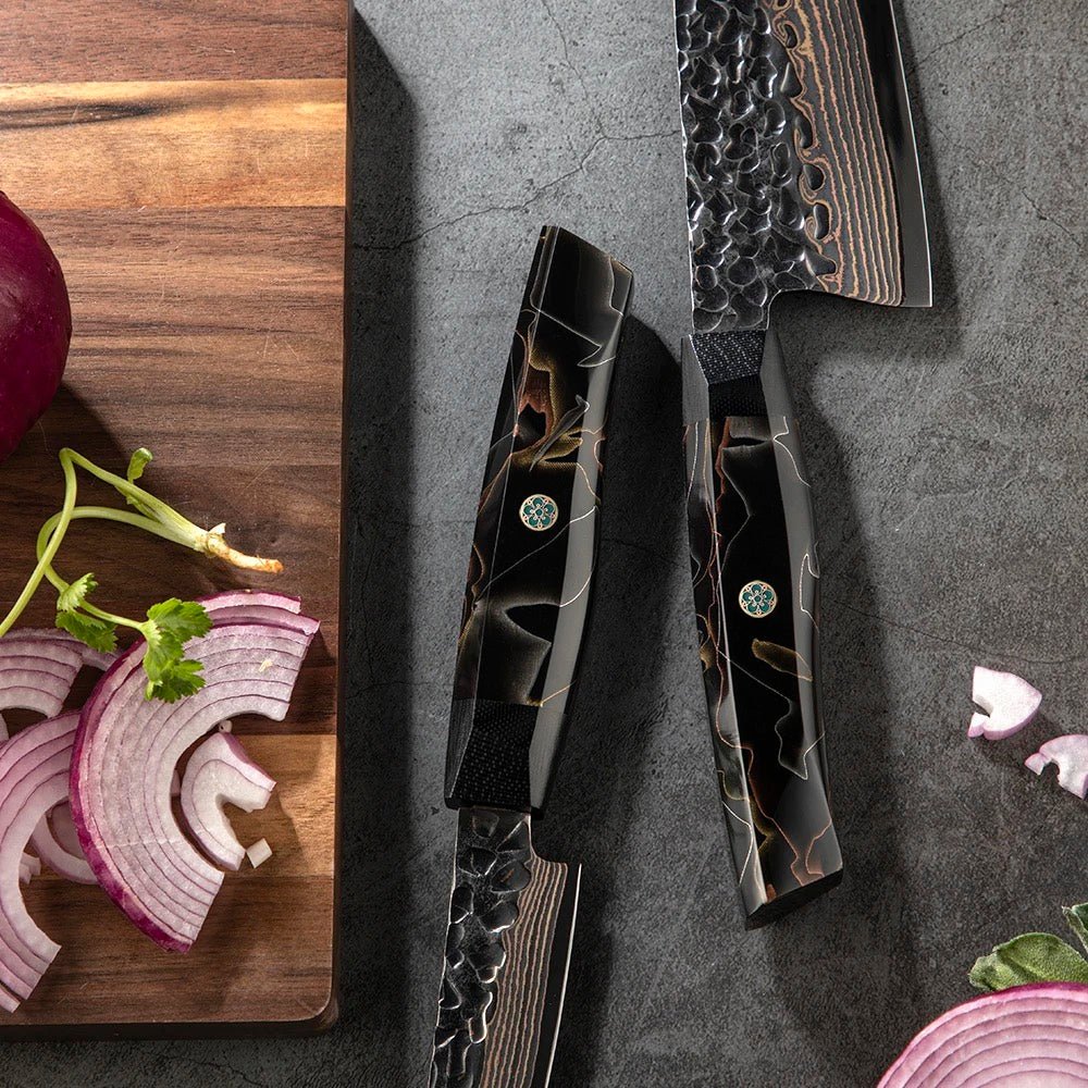 Majestic Knife Damascus - Majestic Japanese Chef Knife Set with Exotic Copper Damascus and Raffir Noble Handle - Shokunin USA