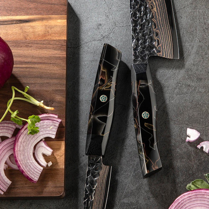 Majestic Knife Damascus - Majestic Japanese Chef Knife Set with Exotic Copper Damascus and Raffir Noble Handle - Shokunin USA