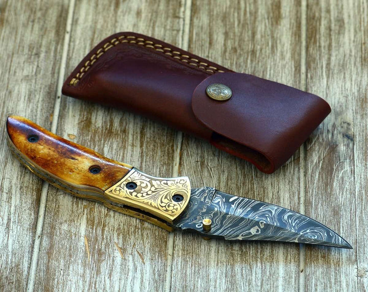 Marshal Damascus knives - Marshal Damascus Folding Knife with Charred Bone Handle - Shokunin USA