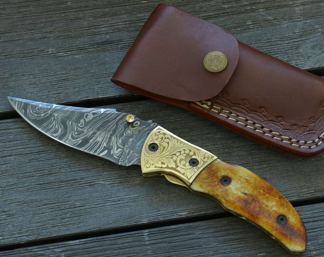 Marshal Folding Handle - Marshal Damascus Folding Knife with Charred Bone Handle - Shokunin USA