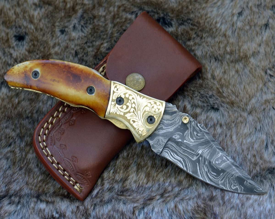 Marshal Damascus Handle - Marshal Damascus Folding Knife with Charred Bone Handle - Shokunin USA
