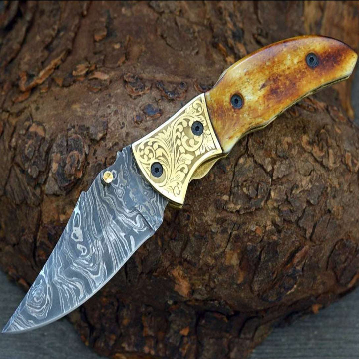 Marshal Damascus Knife - Marshal Damascus Folding Knife with Charred Bone Handle - Shokunin USA