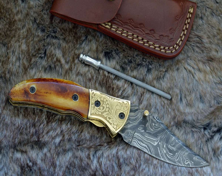 Marshal Folding Knife - Marshal Damascus Folding Knife with Charred Bone Handle - Shokunin USA