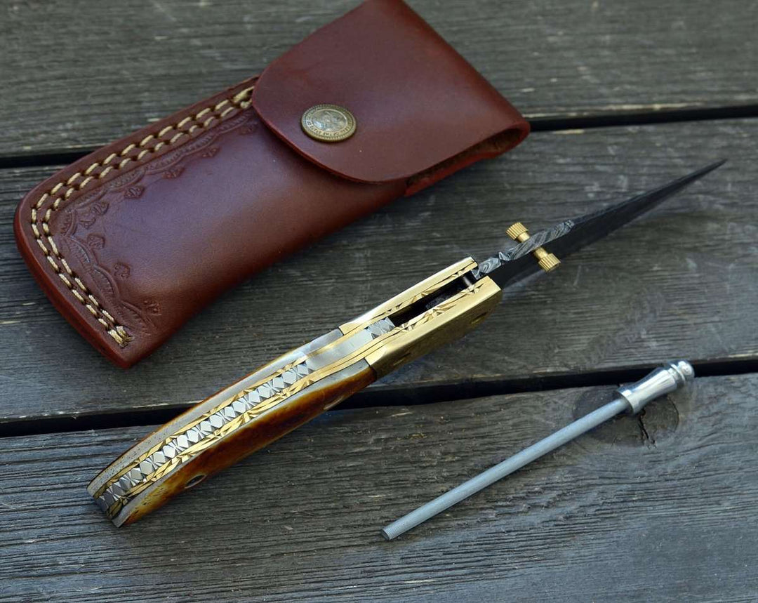Marshal Folding knives - Marshal Damascus Folding Knife with Charred Bone Handle - Shokunin USA