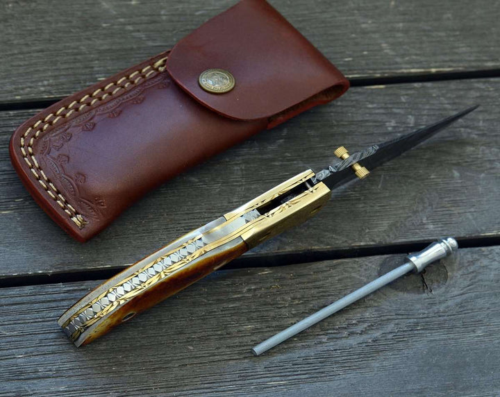 Marshal Folding knives - Marshal Damascus Folding Knife with Charred Bone Handle - Shokunin USA