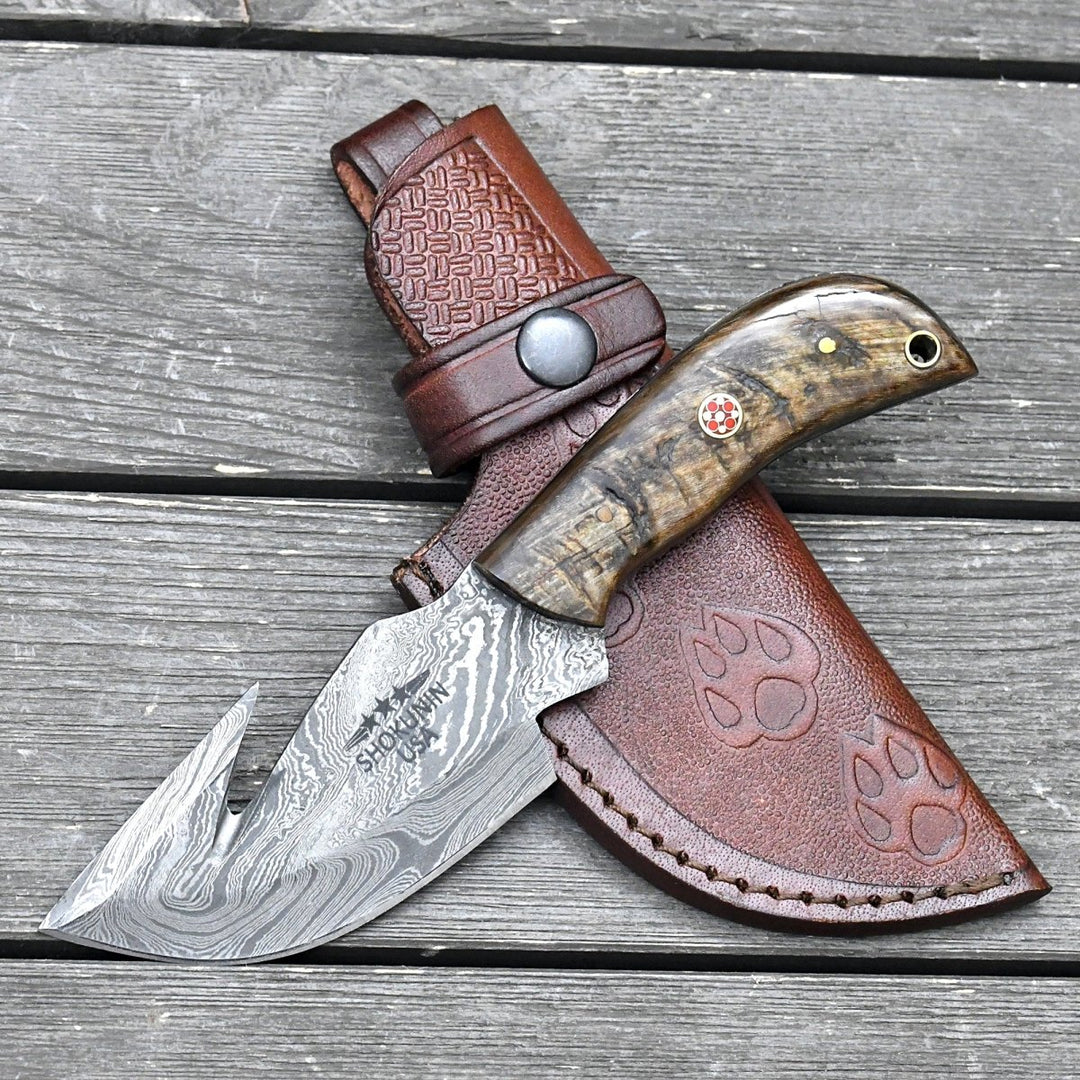Master Gut Damascus - Master Gut Hook Knife with Ram Horn and Turquoise Handle - Shokunin USA