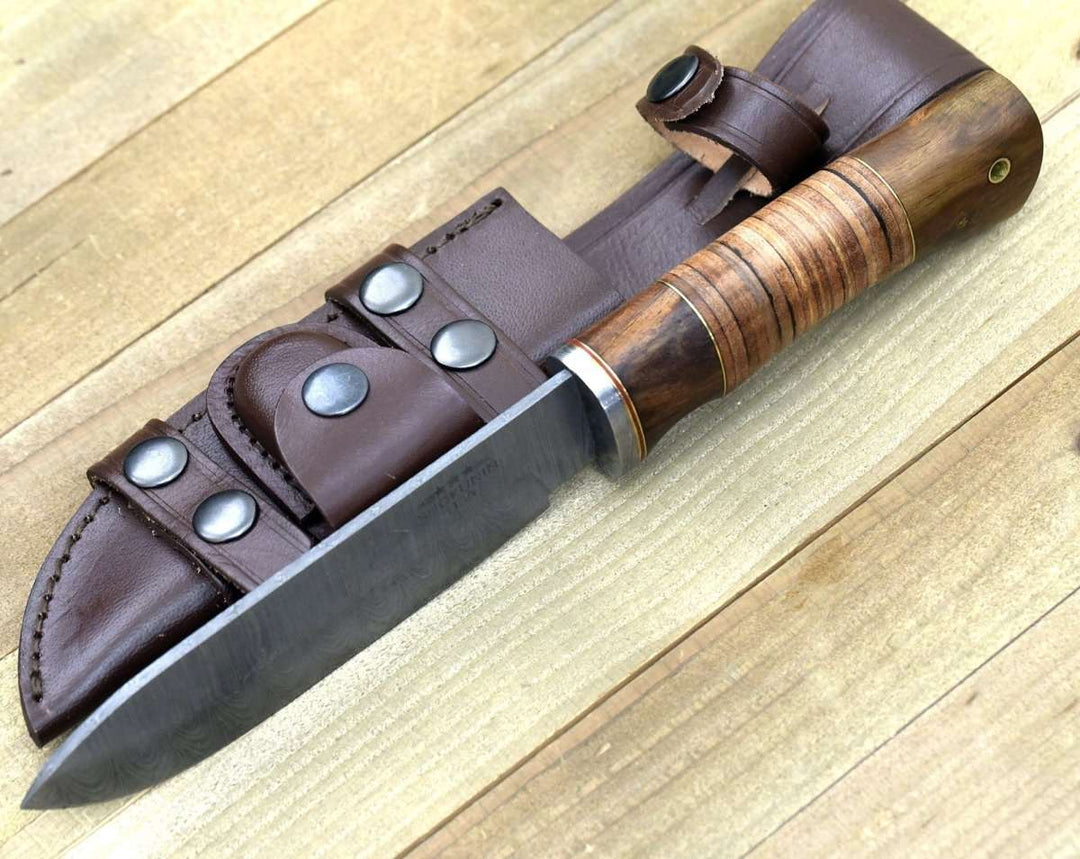 Miracle Hunting Knife - Miracle Damascus Hunting Knife with Stacked Leather Handle - Shokunin USA