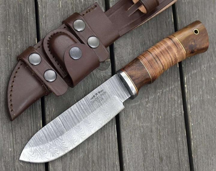 Miracle Damascus Handle - Miracle Damascus Hunting Knife with Stacked Leather Handle - Shokunin USA