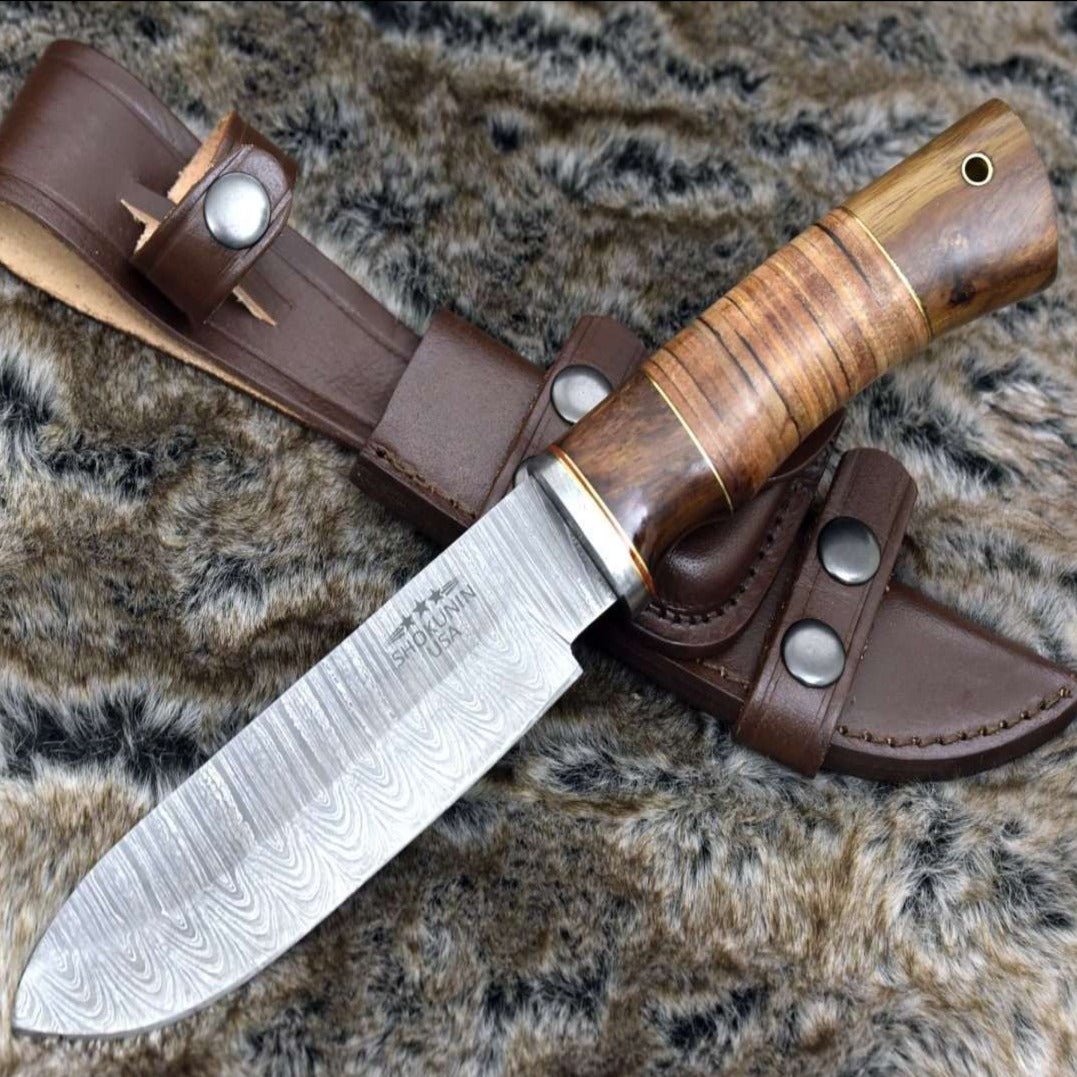 Miracle Damascus Hunting Knife with Stacked Leather Handle - Shokunin USA
