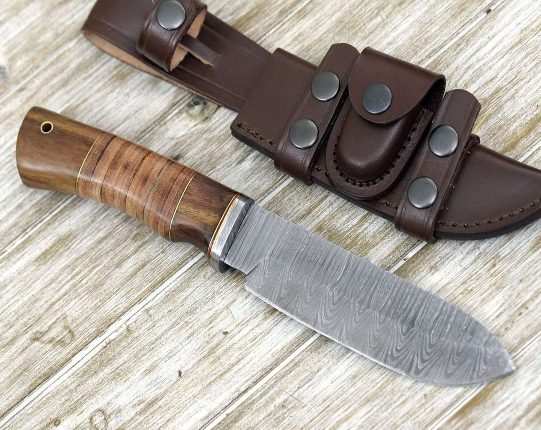 Miracle Damascus Leather - Miracle Damascus Hunting Knife with Stacked Leather Handle - Shokunin USA