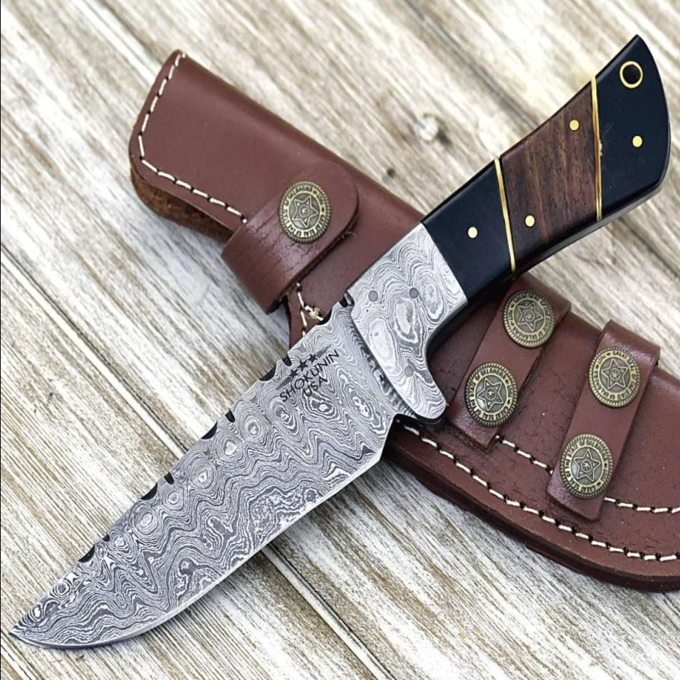Momentum Pocket Knife - Momentum Damascus Knife with Horn & Rosewood Handle - Shokunin USA