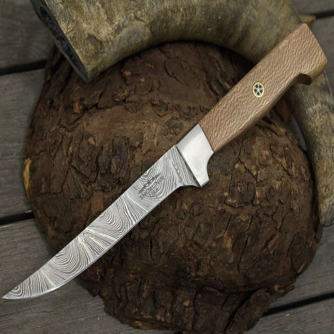 Damascus Steel Jewelry - Monarch Damascus Fillet Knife with Leopard Wood Handle - Shokunin USA