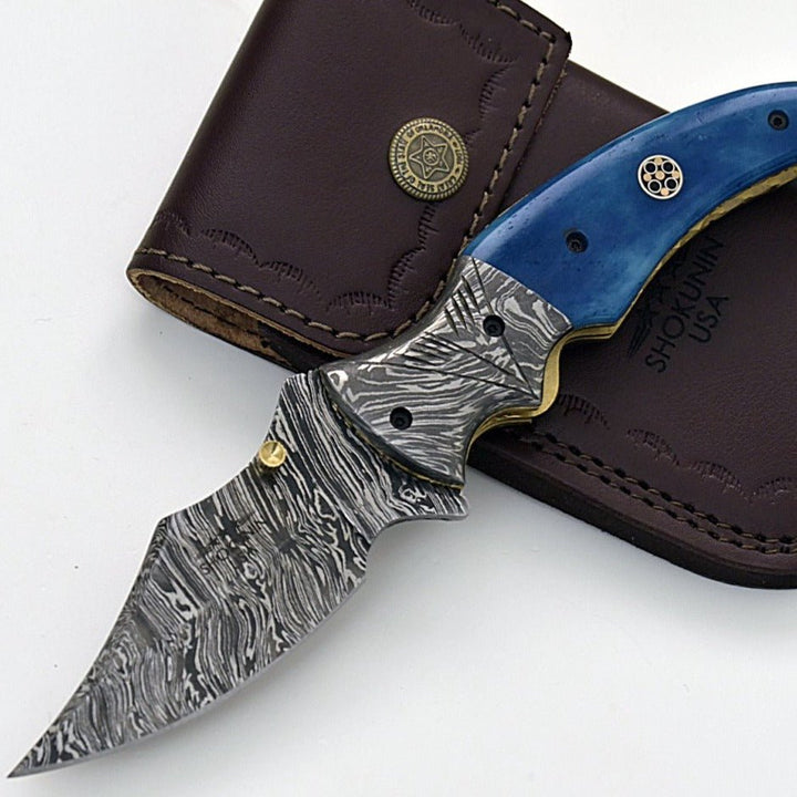 Nebula Damascus Handle - Nebula Damascus Pocket Knife with Bone Handle - Shokunin USA
