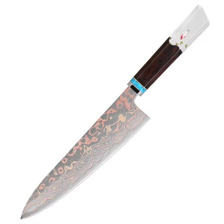 Noble Copper Knife - Noble Copper &amp; Cobalt Alloy Damascus Chef Knife with Exotic Bloodwood &amp; Resin Handle - Shokunin USA