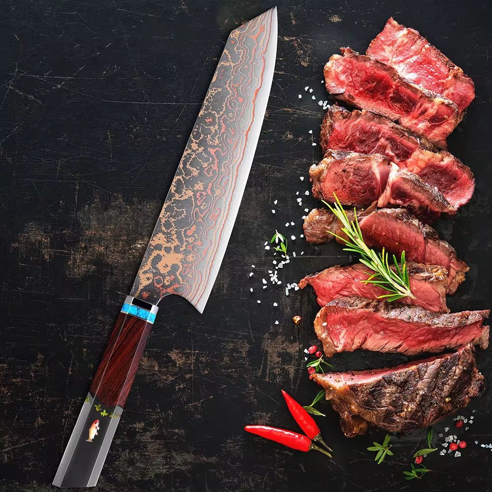 Noble Cobalt Knife - Noble Copper &amp; Cobalt Alloy Damascus Chef Knife with Exotic Bloodwood &amp; Resin Handle - Shokunin USA