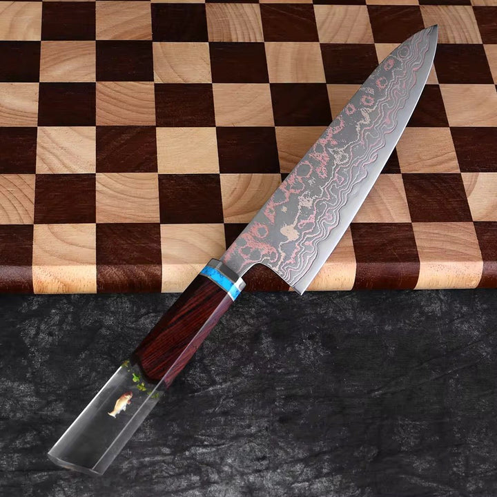 Noble Copper Handle - Noble Copper &amp; Cobalt Alloy Damascus Chef Knife with Exotic Bloodwood &amp; Resin Handle - Shokunin USA