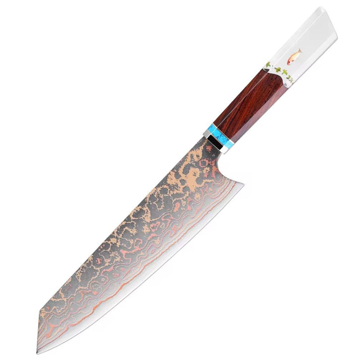 Noble Copper Damascus - Noble Copper &amp; Cobalt Alloy Damascus Chef Knife with Exotic Bloodwood &amp; Resin Handle - Shokunin USA