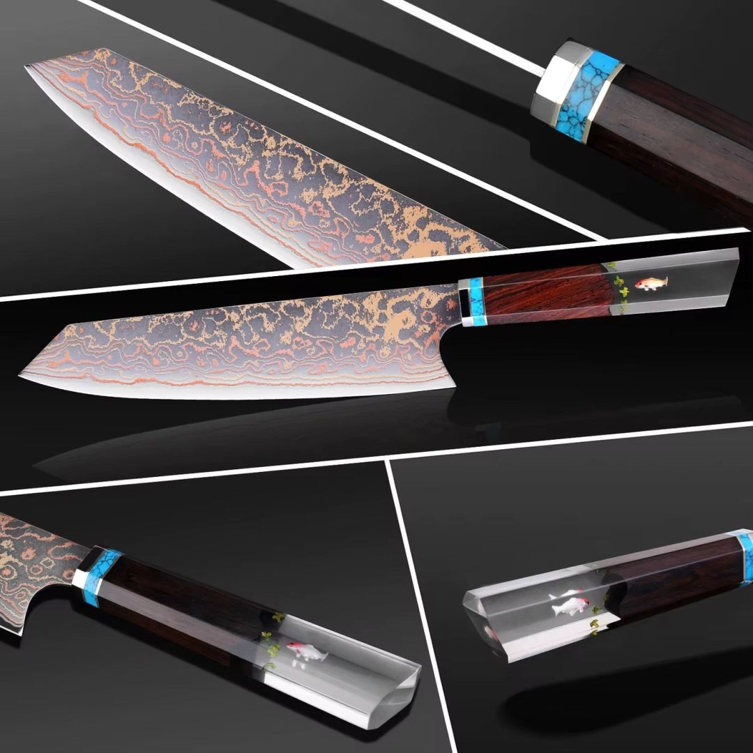 Noble Cobalt Handle - Noble Copper &amp; Cobalt Alloy Damascus Chef Knife with Exotic Bloodwood &amp; Resin Handle - Shokunin USA