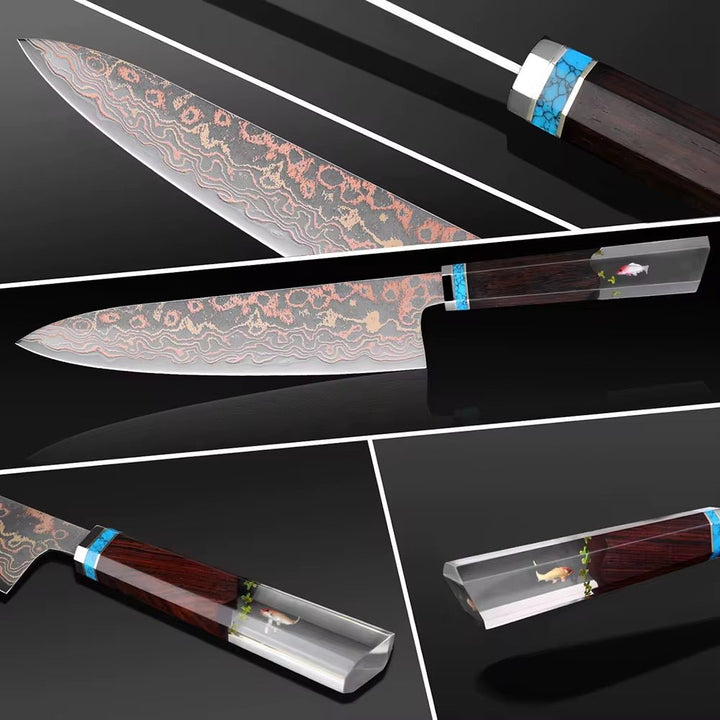 Noble Cobalt Nakiri - Noble Copper &amp; Cobalt Alloy Damascus Chef Knife with Exotic Bloodwood &amp; Resin Handle - Shokunin USA