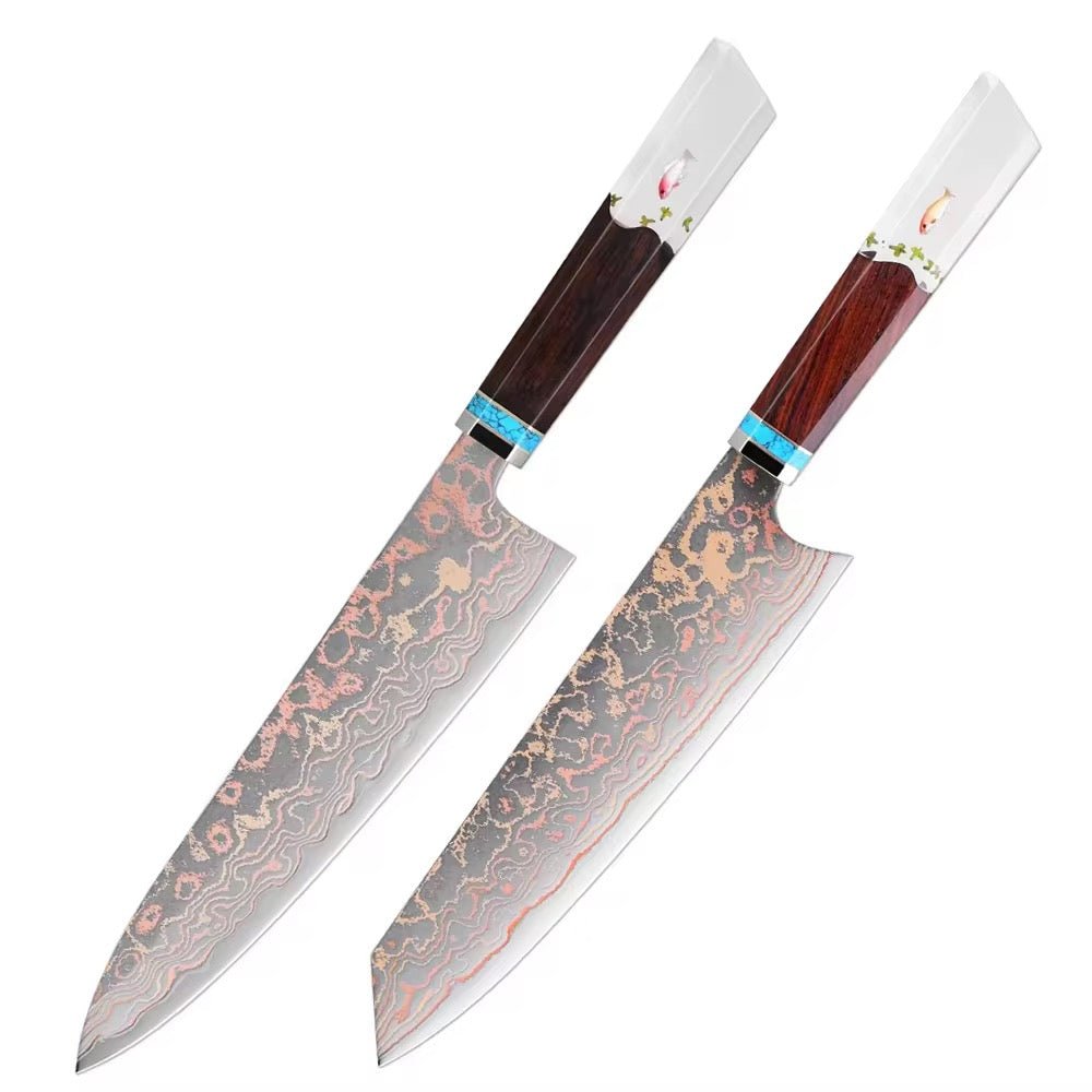 Noble Cobalt Damascus - Noble Copper &amp; Cobalt Alloy Damascus Chef Knife with Exotic Bloodwood &amp; Resin Handle - Shokunin USA