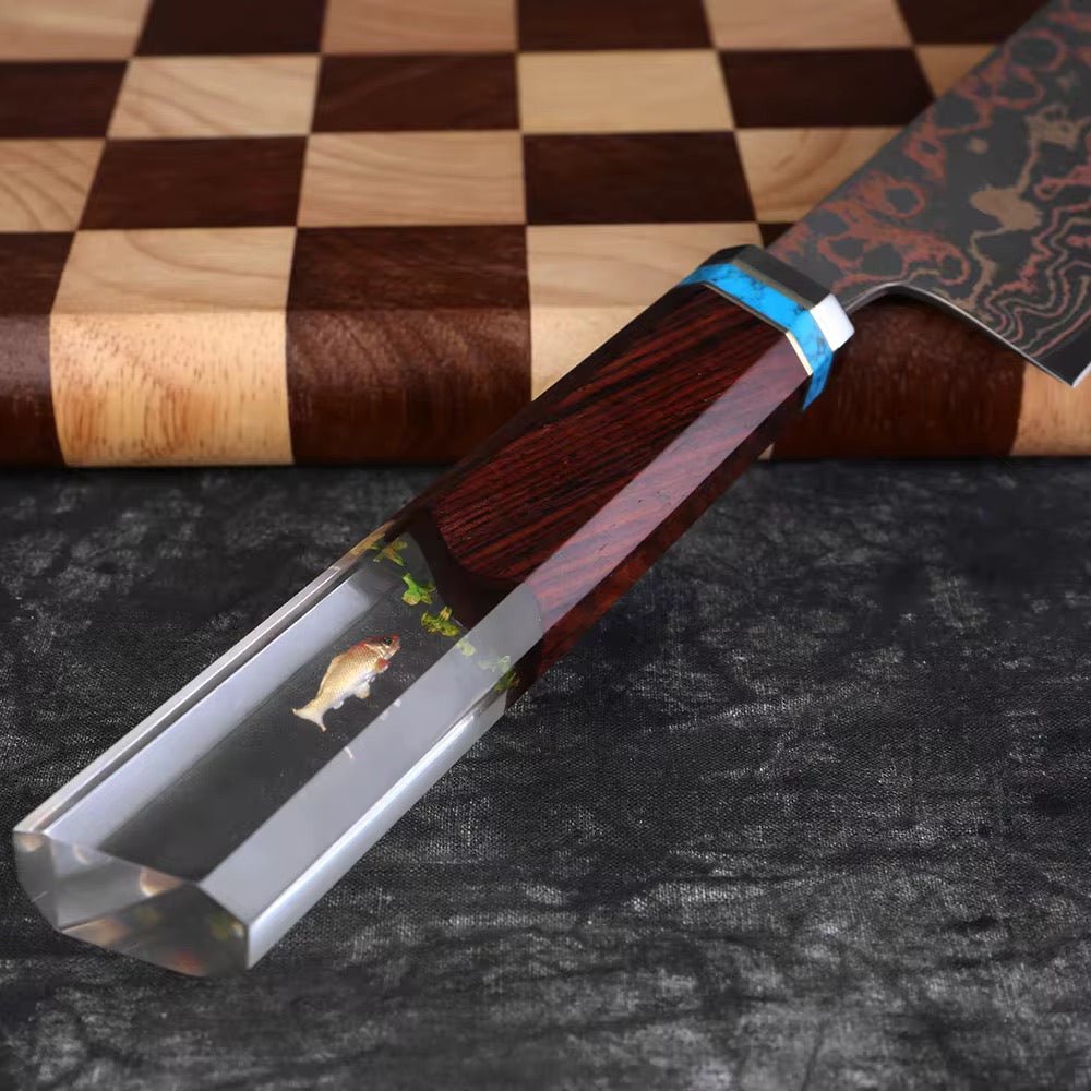 Noble Copper knives - Noble Copper &amp; Cobalt Alloy Damascus Chef Knife with Exotic Bloodwood &amp; Resin Handle - Shokunin USA
