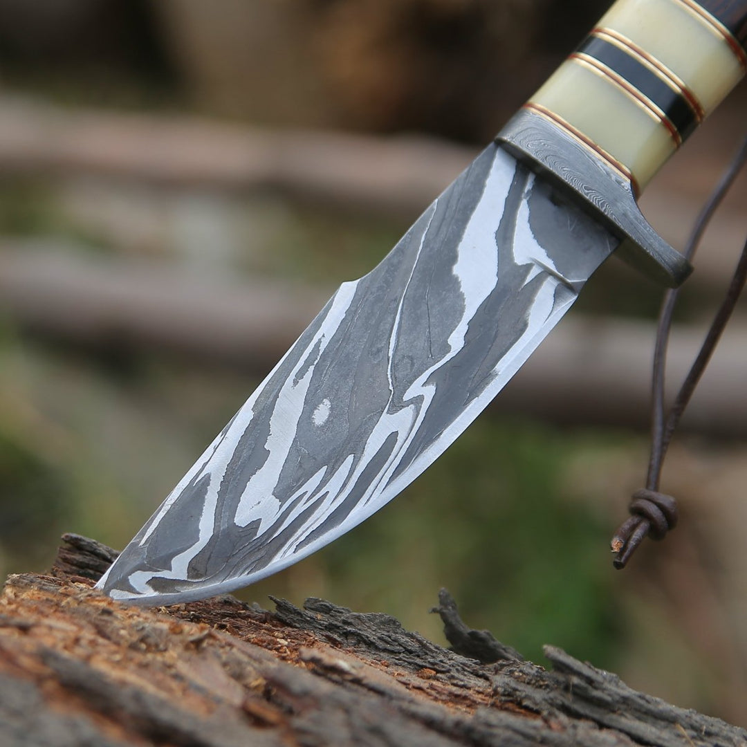 Nova Hunting Knife - Nova Damascus Hunting Knife with Bone &amp; Exotic Wenge Wood Handle - Shokunin USA