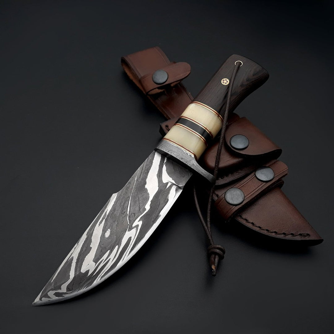 Nova Damascus Handle - Nova Damascus Hunting Knife with Bone &amp; Exotic Wenge Wood Handle - Shokunin USA