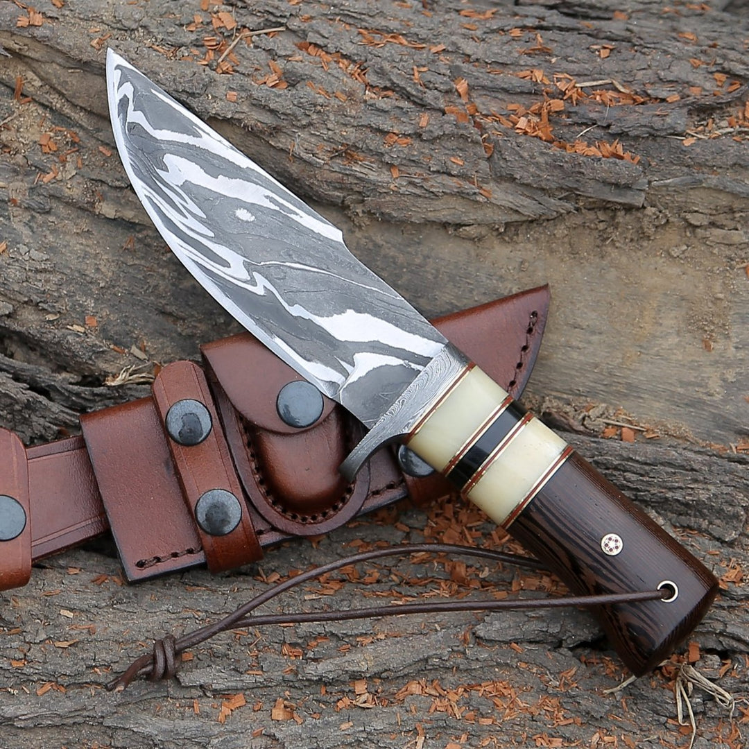 Nova Damascus knives - Nova Damascus Hunting Knife with Bone &amp; Exotic Wenge Wood Handle - Shokunin USA