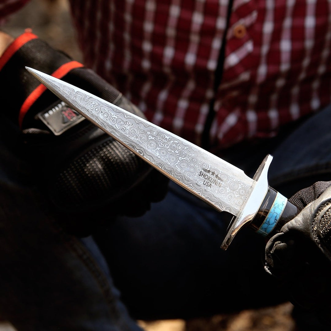 Oasis Hunting Blade - Oasis Damascus Hunting Fixed Blade Knife with Turquoise and Bull Horn Handle - Shokunin USA