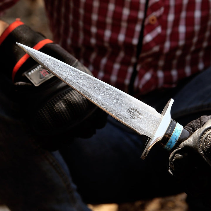 Oasis Hunting Blade - Oasis Damascus Hunting Fixed Blade Knife with Turquoise and Bull Horn Handle - Shokunin USA