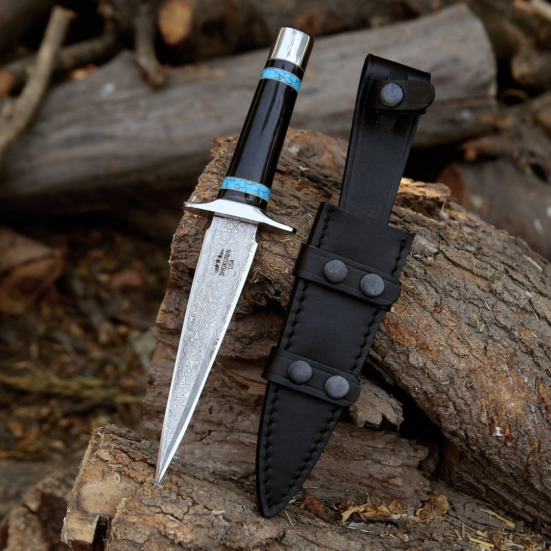 Oasis Damascus Knife - Oasis Damascus Hunting Fixed Blade Knife with Turquoise and Bull Horn Handle - Shokunin USA
