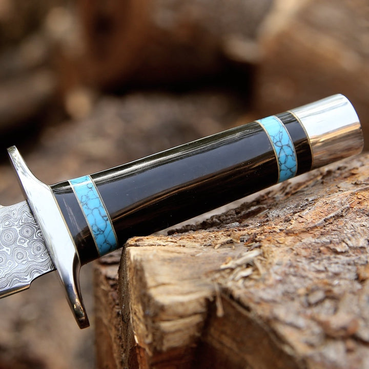 Oasis Damascus knives - Oasis Damascus Hunting Fixed Blade Knife with Turquoise and Bull Horn Handle - Shokunin USA