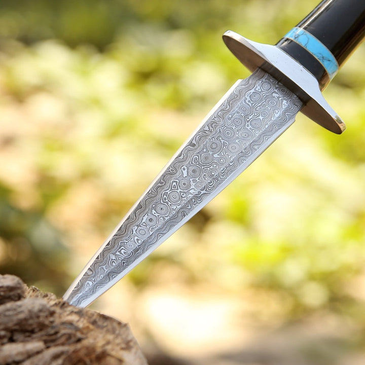 Oasis Hunting knives - Oasis Damascus Hunting Fixed Blade Knife with Turquoise and Bull Horn Handle - Shokunin USA